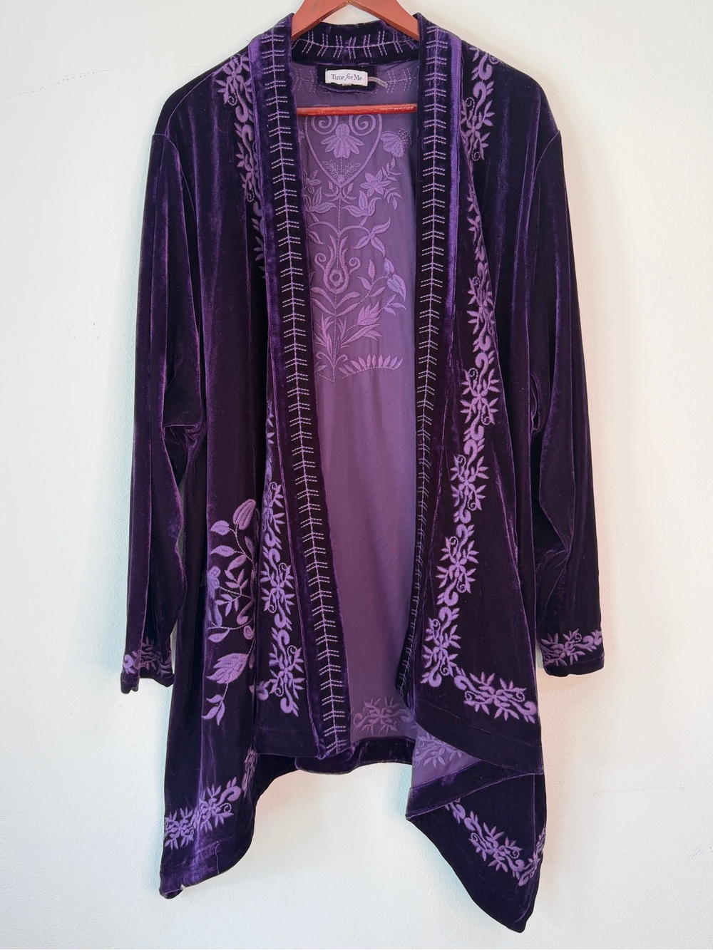 Time For Me Purple Velvet Floral Embroidered Cardigan Womens 3X Boho Chic Hippie